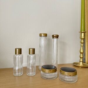 Antique Brass Detailed Set of Glass Apothecary/Skincare/Makeup Jars (6)